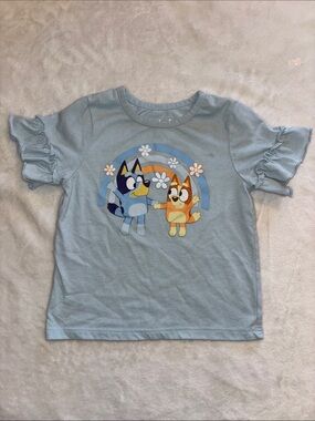 Blue Short-Sleeve Kids Tee with bluey Cartoon Rainbow Graphic
